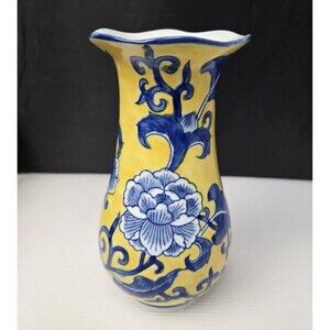 Chinese Marigold and Indigo Chinoiserie Floral Ceramic Vase 8"